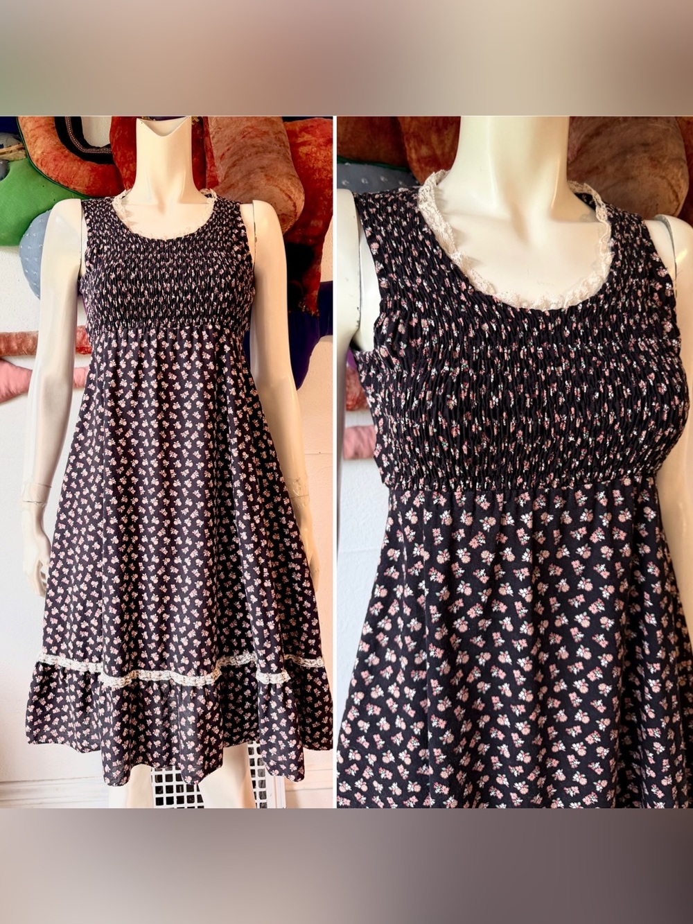 1970s SMOCKED BABYDOLL DRESS Vintage Black Floral Calico Prairie Hippie Boho